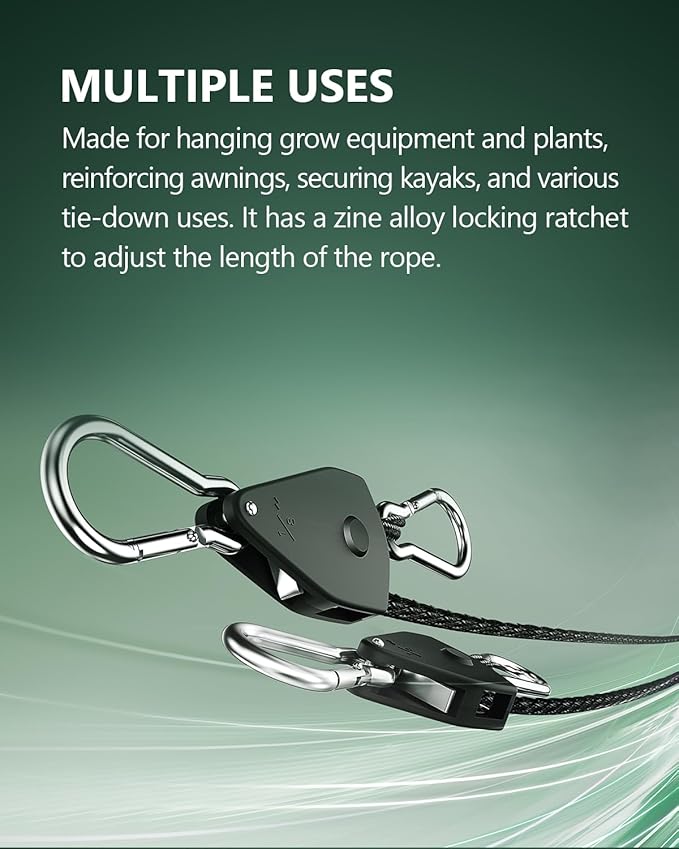 2-Pack 1/8” Adjustable Rope Hanger, Heavy Duty Ratchet Tie Down Strap with Reinforced Metal Gear, Ratcheting Pulley System Bungee Cord for Hanging Plants Grow Light and Various Tie-Down Uses STAYGROW