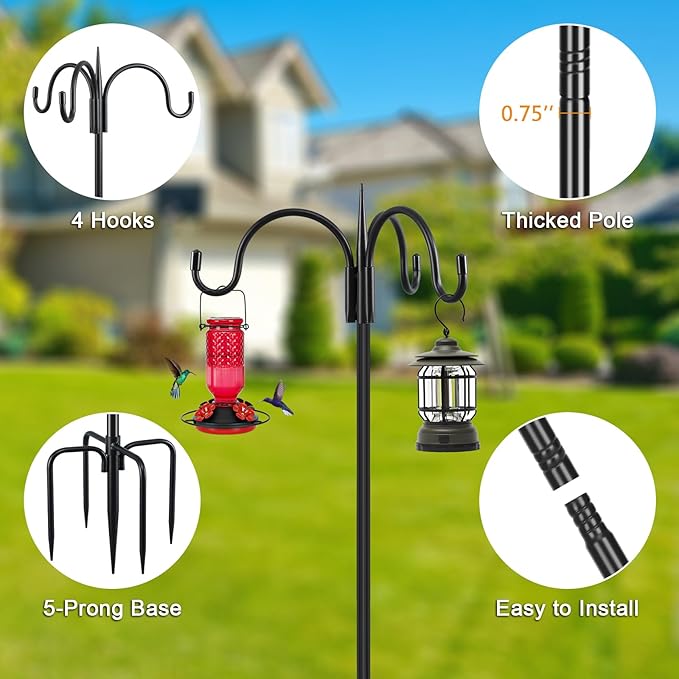 FEED GARDEN [Upgrade Version 76 Inch Three Shepherd Hooks for Outdoor,Bird Feeder Pole with 5 Prong Base, Adjustable Shepard Hooks for Hanging Plant, Solar Lanterns, Wind Chimes, 2 Pack FEEDGARDEN