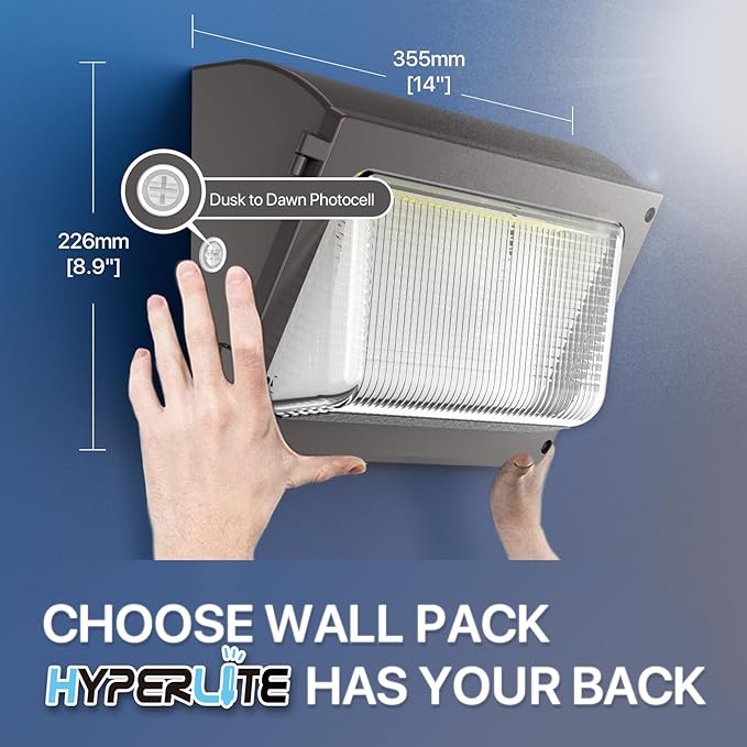 HYPERLITE LED Wall Pack Light 120W 2Packs with Dusk to Dawn Photocell and Glass Lens LED Security Flood Commercial and Industrial Outdoor LED Wall Lights Out Door for House Warehouses UL Listed HYPERLITE