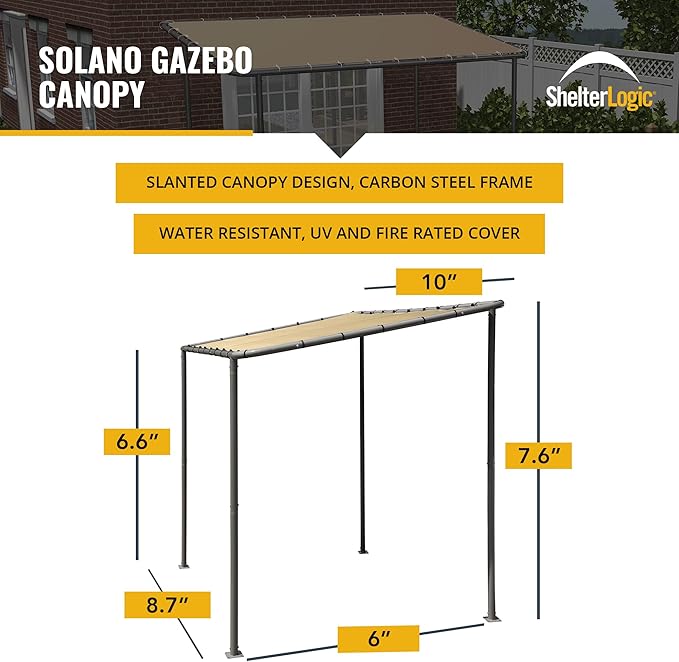 ShelterLogic 10' x 6' Solano Gazebo Canopy Charcoal Carbon Steel Frame and Water-Resistant and Sun Protection Tan Cover ShelterLogic
