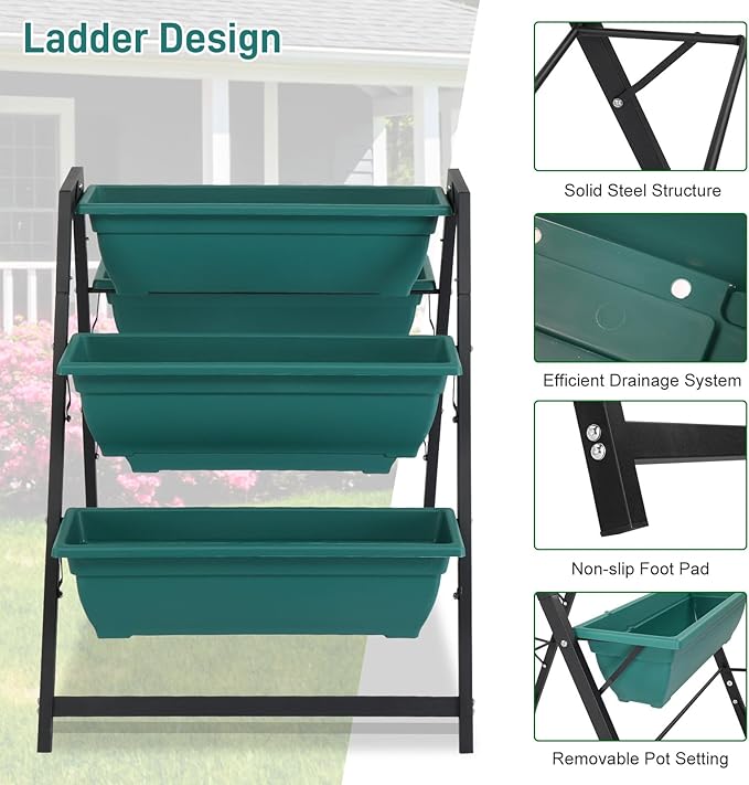 Outvita Green Raised Garden Planter Bed, Tiered Planter Stand with 5 Boxes, Vertical Raised Garden Bed for Herbs, Flowers, Vegetables in Patio Balcony Indoor Outdoor Outvita
