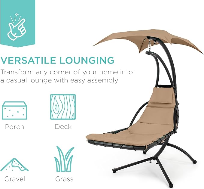 Best Choice Products Outdoor Hanging Curved Steel Chaise Lounge Chair Swing w/Built-in Pillow and Removable Canopy - Tan BestChoiceProducts