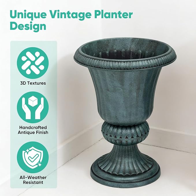 Athena Collection 20''H Garden Plastic Urn Vintage Tall Planter Urn Patio Large Flower Pot Porch Planter Large Planter for Indoor Outdoor Plant, Dark Green AthenaCollectionFurniture