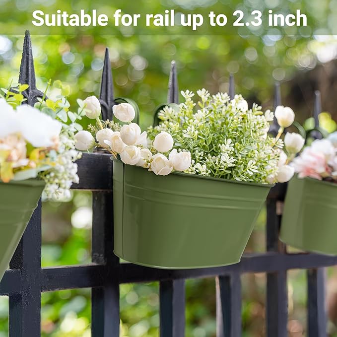 Dahey 10.5 Inch Metal Iron Hanging Flower Pots for Railing Fence Hanging Bucket Pots Countryside Style Outdoor Planter Window Flower Plant Holder with Detachable Hooks Home Decor,Green,3 Pcs Dahey