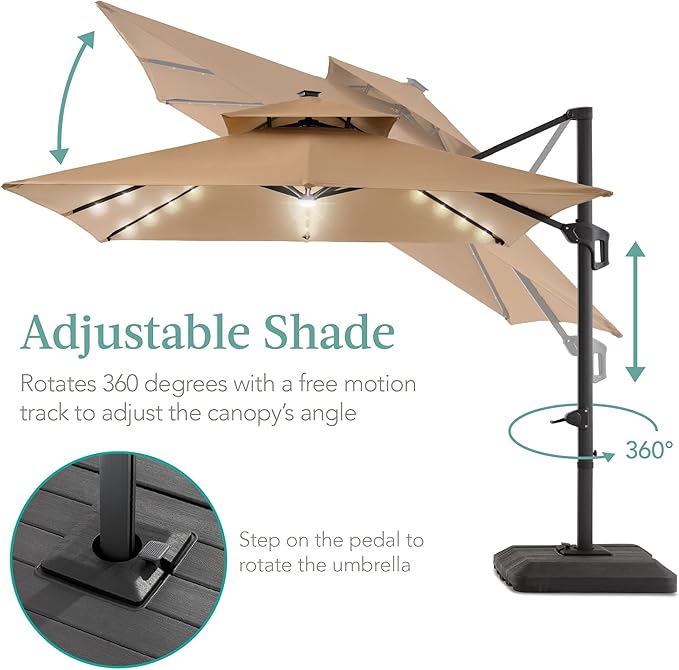 Best Choice Products 10x10ft Cantilever Patio Umbrella w/Base Included, Solar LED Lights 360 Rotation Large Offset Hanging Outdoor Shade for Deck Pool Backyard w/Stand – Tan BestChoiceProducts