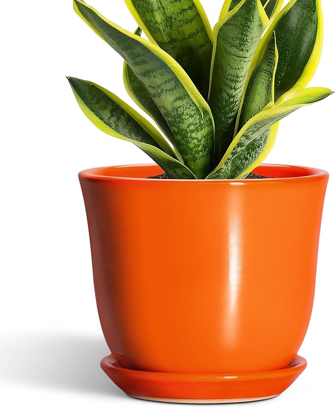 Ceramic Planter - 8 Inch Plant Pot with Drainage Hole and Saucer, Modern Planters for Indoor Outdoor Plants, Round Flower Pot, Home Patio Office Decor, House Warming Gifts, Orange SUNPOTFOR