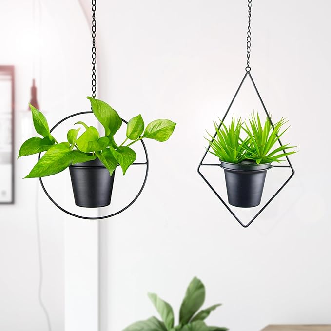 Metal Hanging Planters, Modern Plant Hanger with 5 inch Flower Pot, Set of 2 Black Plant Holder in Diamond and Round Shape, Small Wall and Ceiling Planter for Indoor Plants, Home Décor HemePaha