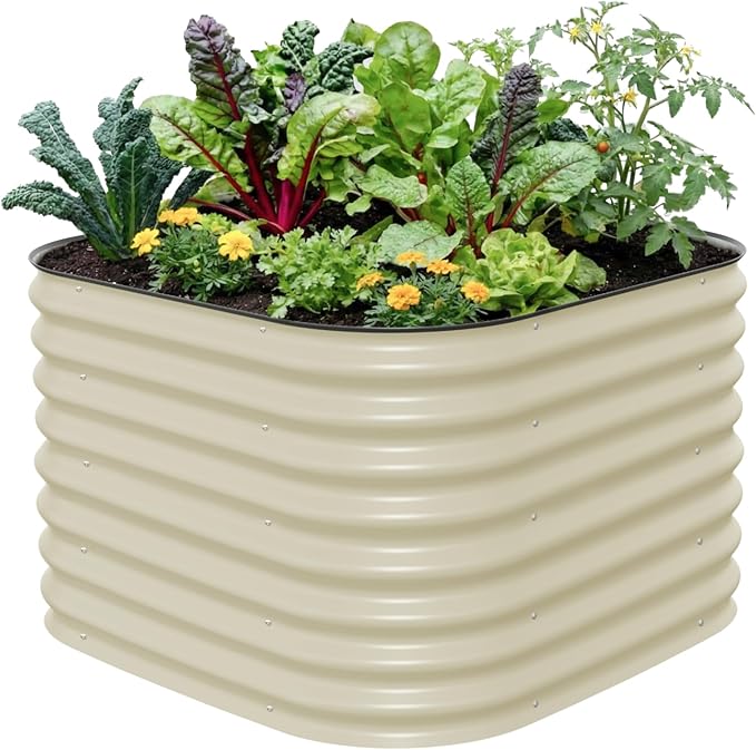 Vego garden 26" Extra Tall Raised Garden Bed Kits, 4 in 1 Modular Raised Planter Box for Vegetables Flowers Fruits Oval Metal Raised Garden Pearl White VegoGarden