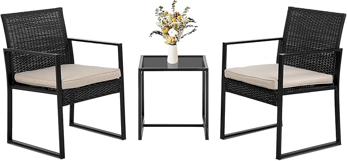 FDW | 3-Piece Patio Furniture Set | Khaki |Outdoor Wicker Furniture with Coffee Table | Modern Rattan Chairs Conversation Set | Outdoor Seating | Weather-Resistant | for Porch, Garden, Lawn FDW
