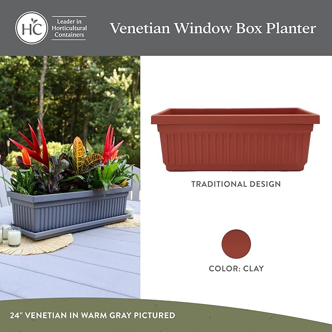 The HC Companies 18 Inch Venetian Window Planter Box with Drainage Plug, Lightweight UV-Resistant Plastic Indoor & Outdoor Planters, 2-Pack Flower Box for Garden & Home Decor, Clay TheHCCompanies