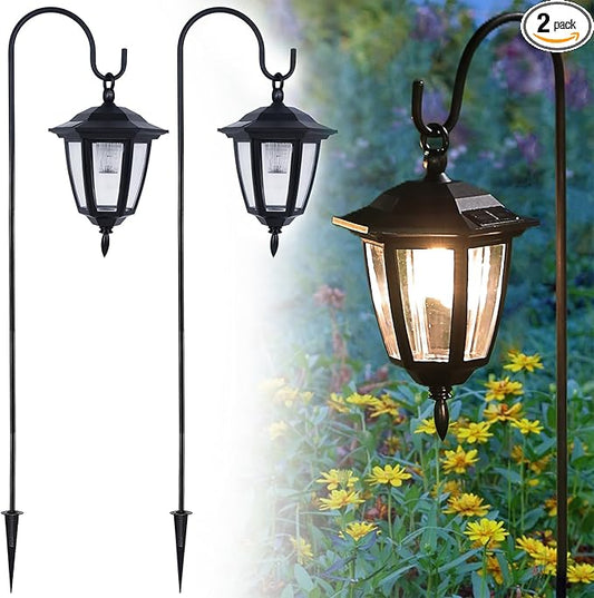 Dynaming 2 Pack Solar Hanging Lights Outdoor, Solar Powered Garden Decorative Lanterns with 2 x 38 Inch Shepherd Hooks, Waterproof Landscape Lighting for Lawn Patio Yard Pathway Driveway, Warm White Dynaming