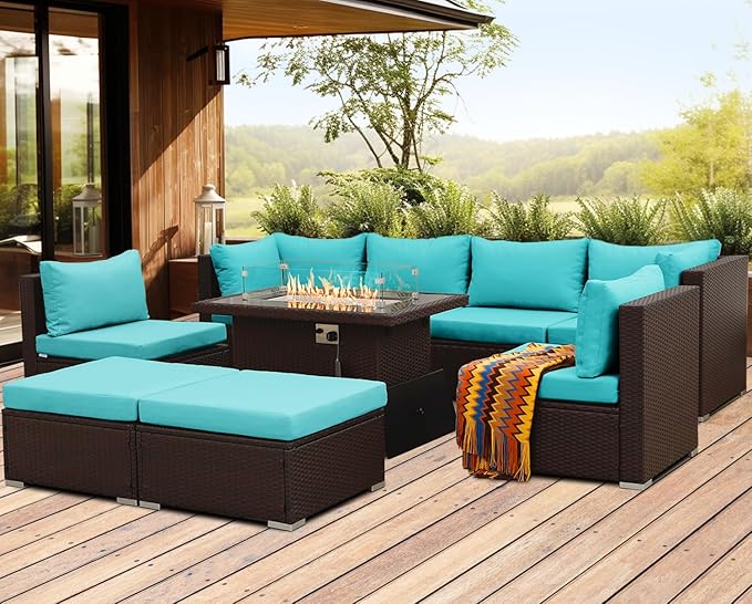 NICESOUL Large Outdoor Patio Furniture Set with Firepit Propane/Natural Gas, High-End Deep Seats Wicker Modular Sectional Sofas for 8, 29.3'' High Back Conversation Sets, Brown Rattan and Teal Cushion NICESOUL