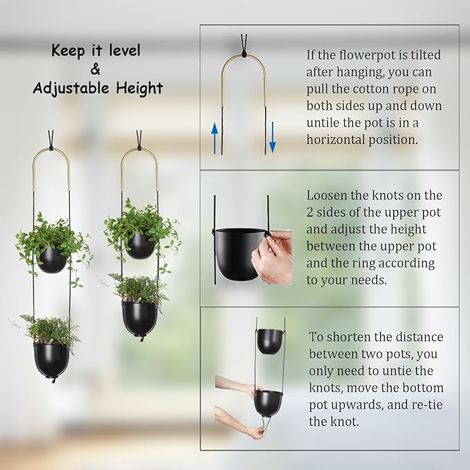 Modern Metal Hanging Planter for Indoor Outdoor Plants with Hook 2 Tier Boho Wall and Ceiling Flower Pots Baskets Holder Home Office Decor(Black) ABETREE