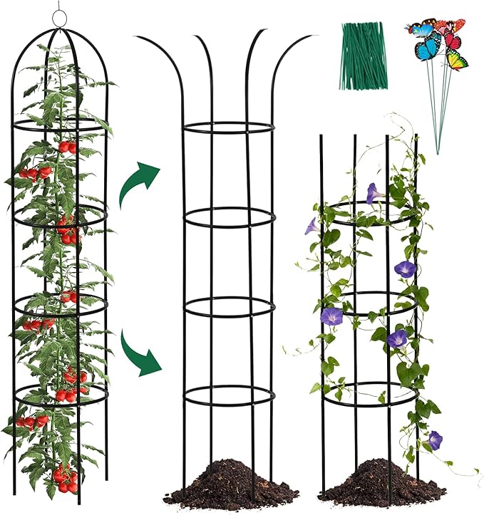 100% Metal Garden Obelisk Trellis for Climbing Plants Outdoor, 6.6ft Tall Metal Plant Support with Garden Twist Tie for Tomato Cucumber Pea Ivy Vines Rose Clematis Potted Plant Trellis 1 Pack WellSign