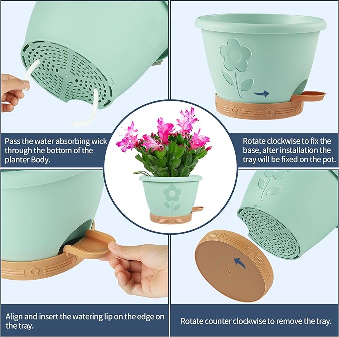 Plastic Plant Pots 10 Inch Set of 4, Self Watering Pots with Drainage Holes, Saucer & Reservoir, Flower Pots for Indoor/Outdoor Plants, Decorative Nursery Planting Pots (Multicolor) gegemaoyi