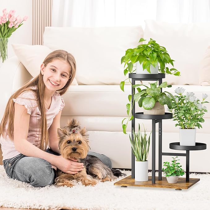 iDavosic.ly 3 Tier Plant Stand Indoor, Tiered Corner Flower Holder Shelf Outdoor, Metal Tall Orchid Display Rack for Patio Porch Garden Balcony Office Living Room, Modern Black & Rustic Brown iDavosicly