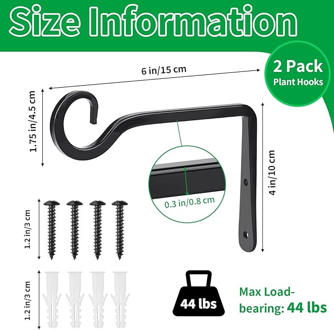 Plant Hangers Outdoor, 2 Pack 6 Inch Hanging Plant Bracket, Metal Hanging Plant Hooks, Wall Hooks for Hanging Plants, Bird Feeder, Flower Basket, Wind Chimes, Indoor Outdoor (Black) MOWPOG