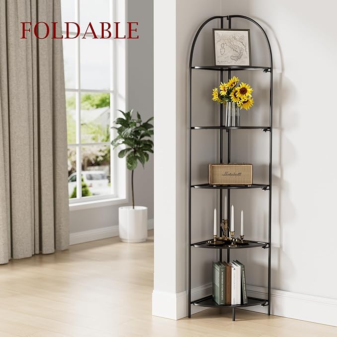 Crofy Foldable 5 Tier Corner Shelf, Metal Corner Plant Stand with Black Frame and Black Shelves, Corner Display Rack Multipurpose Shelving Unit for Living Room, Bedroom, Bathroom CrofyLLC