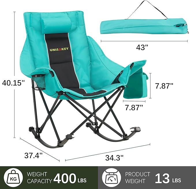 Oversized Rocking Camping Chair with Headrest & Cup Holder - 400lbs Capacity, 600D Oxford Fabric, Easy Fold Portable Outdoor Rocker Chair for Camping, Backyard, Beach, Blackgreen Rootora