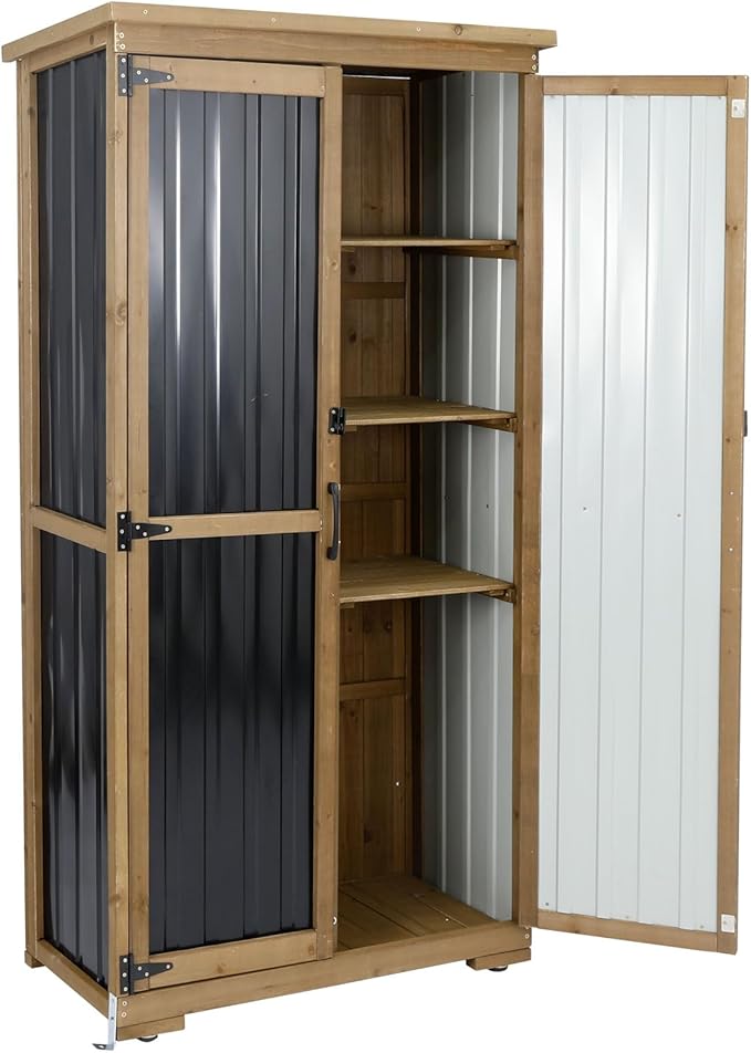Outdoor Storage Cabinet with Shelf, Wood & Metal Storage Shed with Waterproof Roof & Lockable Doors,Tall Outdoor Cabinets for Patio Backyard, Gardening Tools and Accessories, Brown MAGAZOOPET