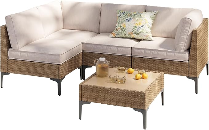 5-Piece Patio Furniture Set, Outdoor Wicker Sectional Sofa with Coffee Table, Anti-Slip & Thick All-Weather Cushions for Party, Garden, Backyard, Beige OutdoorPatioFurnitureSet