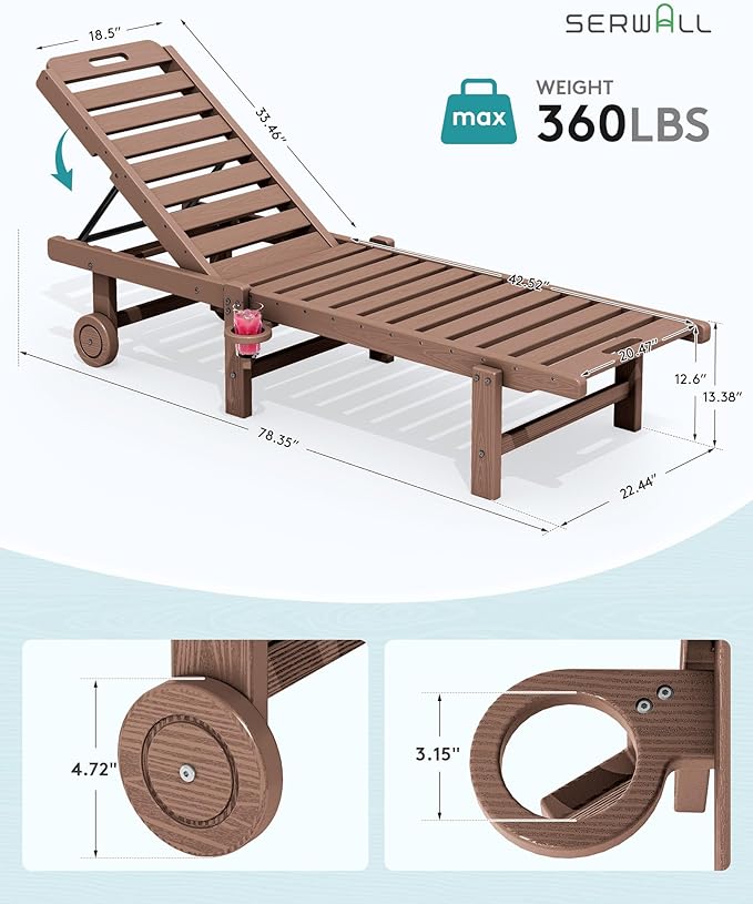 SERWALL Patio Chaise Lounge, HDPE Outdoor Lounge Chair with Cup Holder, 5 Positions Adjustable Poly Lounger with Rolling Wheels for Poolside, Deck, Sunbathing, Brown SERWALL