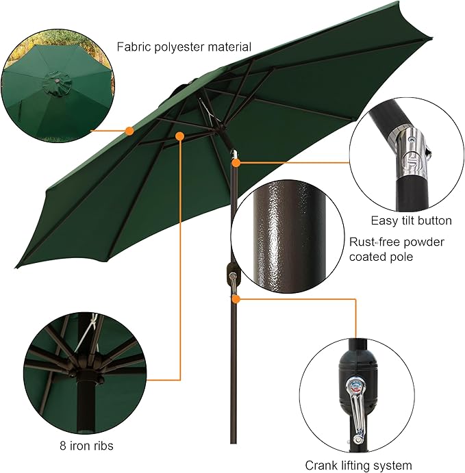 Blissun 9' Outdoor Patio Umbrella, Outdoor Table Umbrella, Yard Umbrella, Market Umbrella with 8 Sturdy Ribs, Push Button Tilt and Crank Blissun