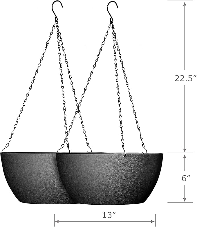 13 inch Large Hanging Planters Plant Pots for Outdoor Indoor Plants with Drainage Holes and Chain, 2 Pack Round Hanging Flower Pots for Garden Home Porch Decor, Black WSMKSZ