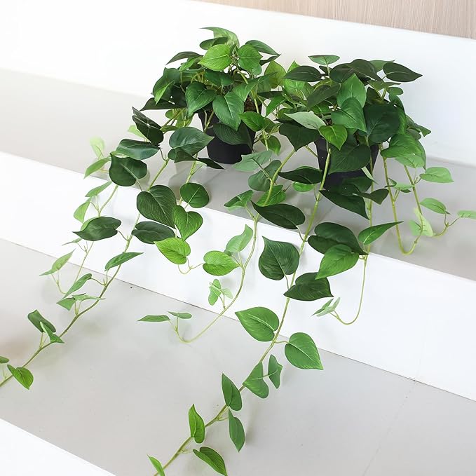 alyptus Fake Pothos Hanging Plants – 33" Set of 2 Faux Ivy Vines with Pots Realistic Silk Devil’s Ivy for Indoor Décor Low Maintenance Artificial House Plants for Home Bathroom or Office - Green ALYPTUS