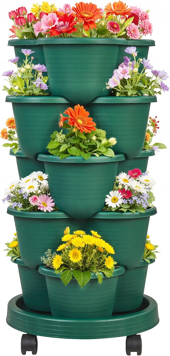 VECELO 5 Tier Vertical Garden Planter, Self Watering Stackable Planters with Wheels for Strawberries, Herbs, Flowers, Vegetables, Dark Green VECELO