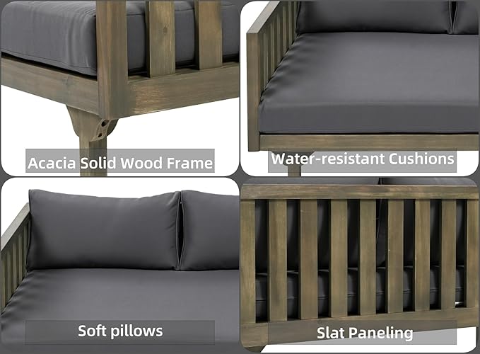 Merax Outdoor 3 Seater Daybed, Acacia Wood Day Bed Couch Sofa with Cushions for Patio Backyard, Garden, Dark Grey Merax