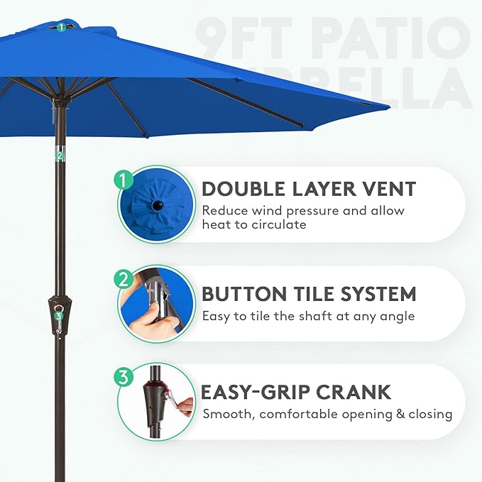 JEAREY 9FT Outdoor Patio Umbrella Outdoor Table Umbrella with Push Button Tilt and Crank, Market Umbrella 8 Sturdy Ribs UV Protection Waterproof for Garden, Deck, Backyard, Pool (Royal Blue) JEAREYOutdoorsCollection