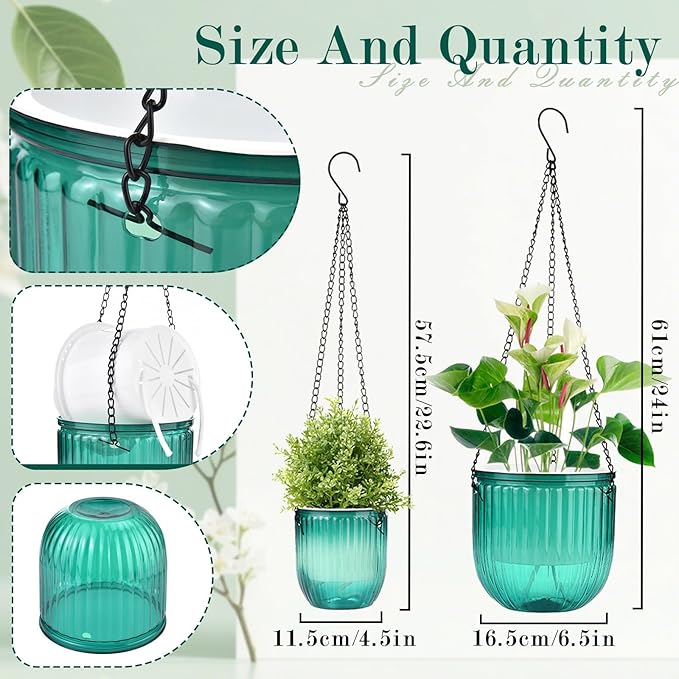 4 Pack Self Watering Hanging Planters with Drainage Holes –Hanging planters for Indoor Plants, Flowers, Succulents – Lightweight, Durable Hanging Baskets Green Rootora