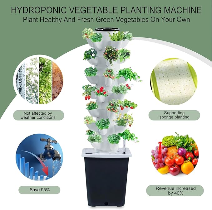 Hydroponics Tower Indoor Growing System Vertical Garden Planter Indoor Smart Garden Kit with Pump and Movable Water Tank Vegetable Plant Gift for Gardening Lover (35-Plants) JPWDDWYT