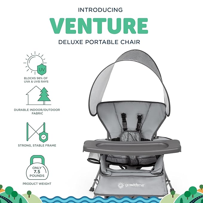Baby Delight Go with Me Venture Portable Chair | Indoor and Outdoor | Sun Canopy | 3 Child Growth Stages | Elephant Grey BabyDelight