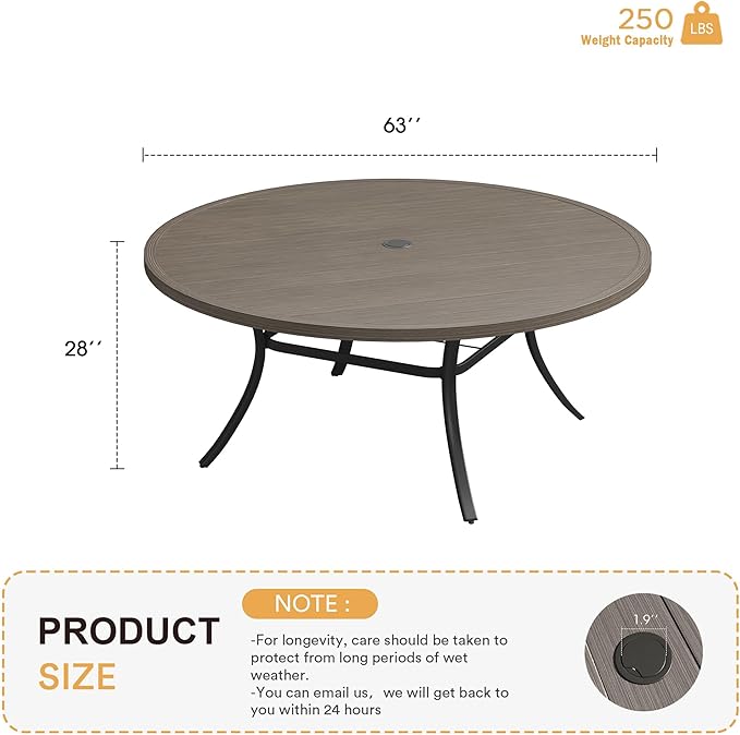 VICLLAX 63" Outdoor Round Patio Table with Umbrella Hole, All Weather Metal Round Outdoor Dining Table for Lawn Garden, 8-10 Person Table, Grey Wood Grain HOME