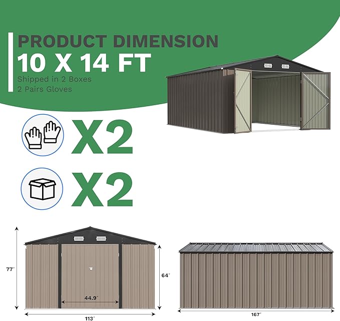 Patiowell 10x14 FT Outdoor Storage Shed, Large Metal Garden Shed with Lockable Door and Sloping Roof, Outside Steel Utility Tool Sheds for Backyard Lawn Garden Patio, Brown Patiowell