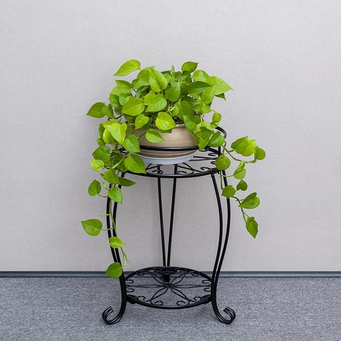 FaithLand 2 Pack Plant Stands, Heavy Duty Metal Planter Holder Indoor Outdoor, 2 Tier Round Potted Supports Rack, Corner Display Shelf Black FaithLand
