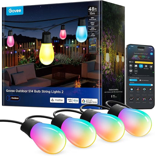 Govee S14 Bulb Outdoor String Lights 2, 48ft Smart RGBIC Warm White Patio Lights with 15 LED Bulbs, 111 Scene Modes for Outdoor Decor, Upgraded IP66 Compatible with Alexa, Google, Matter, APP Control Govee