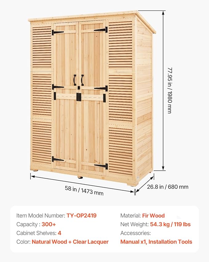 VEVOR Outdoor Storage Shed, Oversize Wooden Outside Storage Cabinet with Waterproof Roof and Metal Frame, Double Lockable Doors Garden Tool Shed Storage House Cabinet with Shelves & Floor, 58"x27"x78" VEVOR