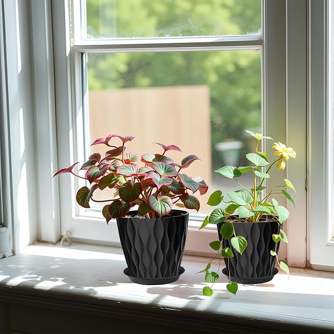 10 Pack 5 Inch Plant Pots with Drainage and Saucers, Black Plastic Flower Pots for Indoor and Outdoor Plants, Stackable Nursery Planters for Houseplants and Herbs, Black zople