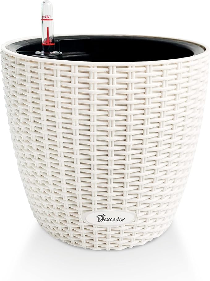 Dexceder 9x8 Inches Rattan Self Watering Planter Indoor Outdoor, Inner Pot Design, Thickened Table Flower Plant Pot with Water Level Indicator (Ivory White) Dexceder