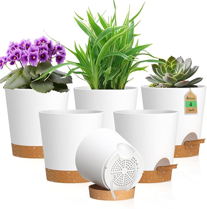 4 inch Self Watering Pots for Indoor Outdoor Plants, 6 Pack Plastic Flower Planters with Drainage Holes and Removable Saucers, Plant Pots with Wicking Rope, Modern Decor, White Brown WSMKSZ