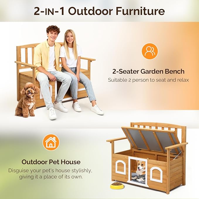 VINGLI Outdoor Storage Bench with Built-in Dog House, 2-in-1 Outdoor Waterproof Patio Bench with Pet Kennel for Patio Backyard Porch (Natural) VINGLI