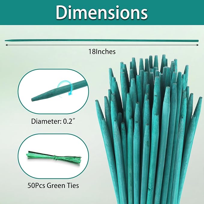 Bamboo Plant Stakes 50PCS, 18Inch Natural Bamboo Garden Stakes, Supports Indoor & Outdoor Plants, Straight Style, Green HAINANSTRY