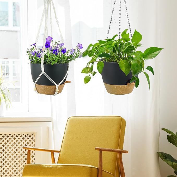 10 inch Self Watering Hanging Planters, 2 Pack Hanging Flower Pots for Indoor Outdoor Plants, Hanging Baskets with Drainage Holes & 2 Kinds of Plant Hangers for Garden Home Decor, Black Brown Meowell