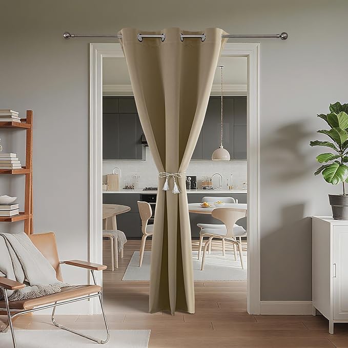 Joydeco Blackout Door Curtain for Doorway Privacy 96 Inches Long, Grommet Closet Curtain for Open Closet, Room Divider for Bedroom Living Room (Light Beige, 52Wx96L, 1 Panel) JOYDECO