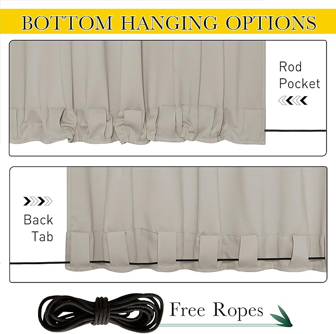 NICETOWN 2 Panels Outdoor Curtains Waterproof Pocket & Back Tab on Top & Bottom, Thermal Insulated Windproof Sun Blocking Outside Privacy Drapes for Patio with Fixed Rope, W84 x L84, Natural NICETOWN
