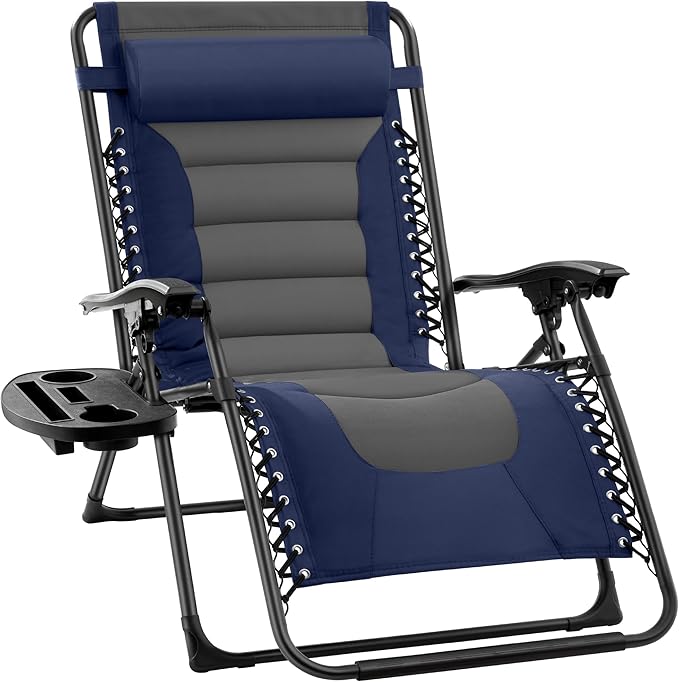 Best Choice Products Oversized Padded Zero Gravity Chair, Folding Outdoor Patio Recliner, XL Anti Gravity Lounger for Backyard w/Headrest, Cup Holder, Side Tray, Polyester Mesh - Navy/Gray BestChoiceProducts