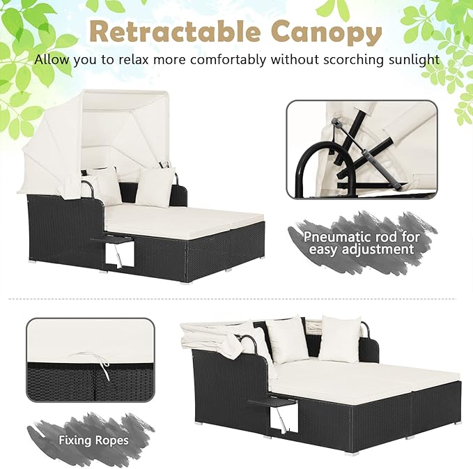 Tangkula Patio Rattan Daybed with Retractable Canopy, Outdoor Wicker Sunbed Lounger with 2 Foldable Side Tables, Thick Seat & Back Cushions, Double Daybed for Garden, Backyard, Porch (Off White) TANGKULA